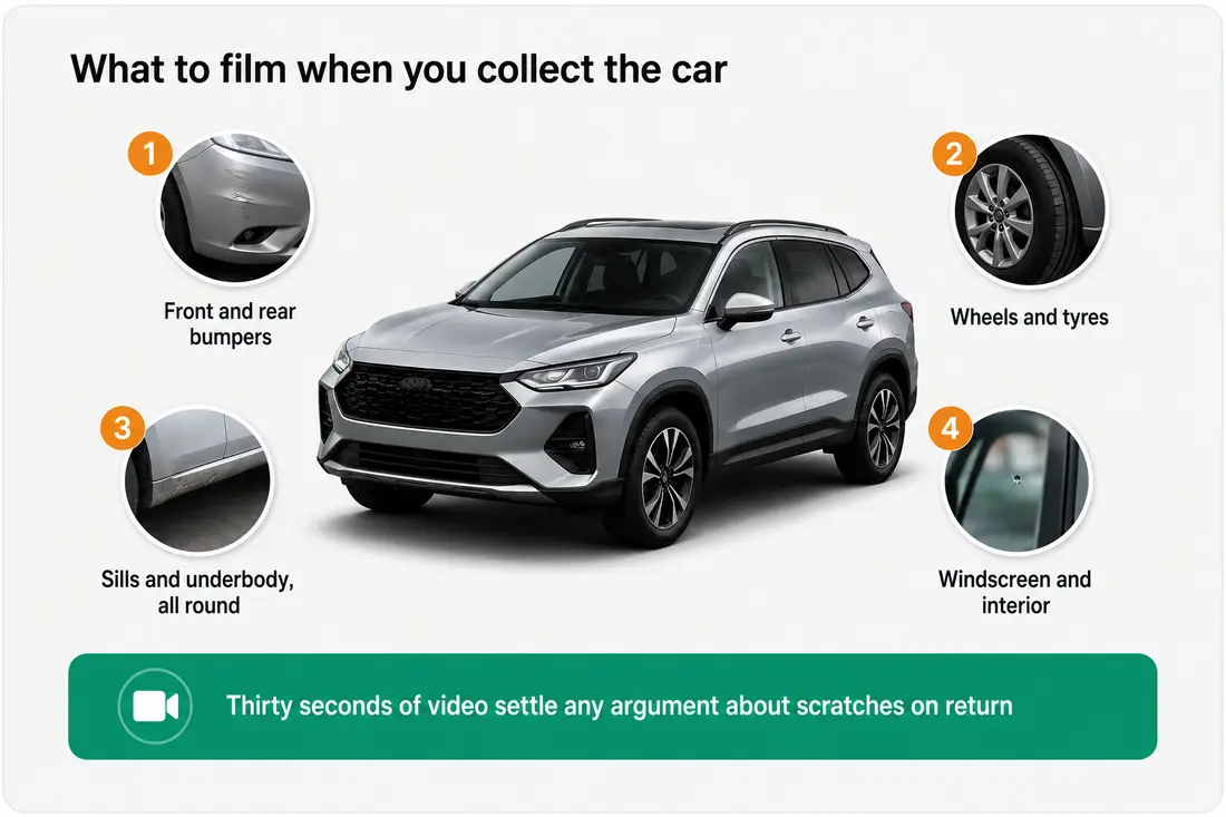What to film when you collect the car: bumpers, wheels and tyres, sills and underbody, windscreen and interior